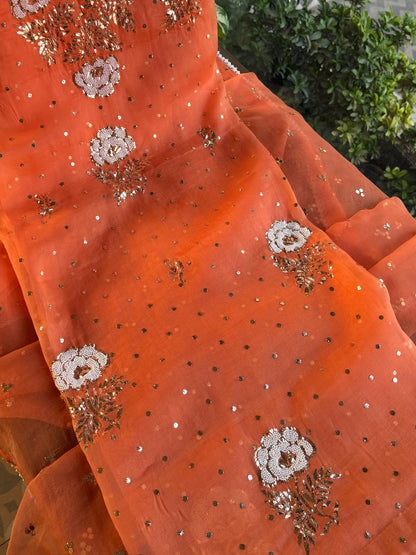 Orange Noor Organza Silk Mukaish Pearl Chikankari Unstitched Fabric