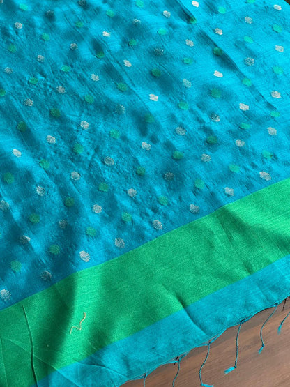 Blue Woven Butta Saree with Contrast Green Border