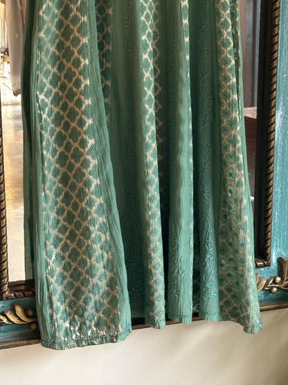 Green Zari Chanderi Chikankari A Line Kurta with Slip