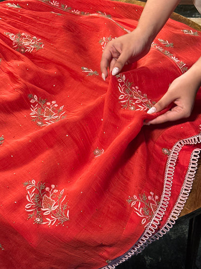 Saman Tomato Red | Malmal Mukaish Kamdani Chikankari Stitched Kurta Dupatta Set