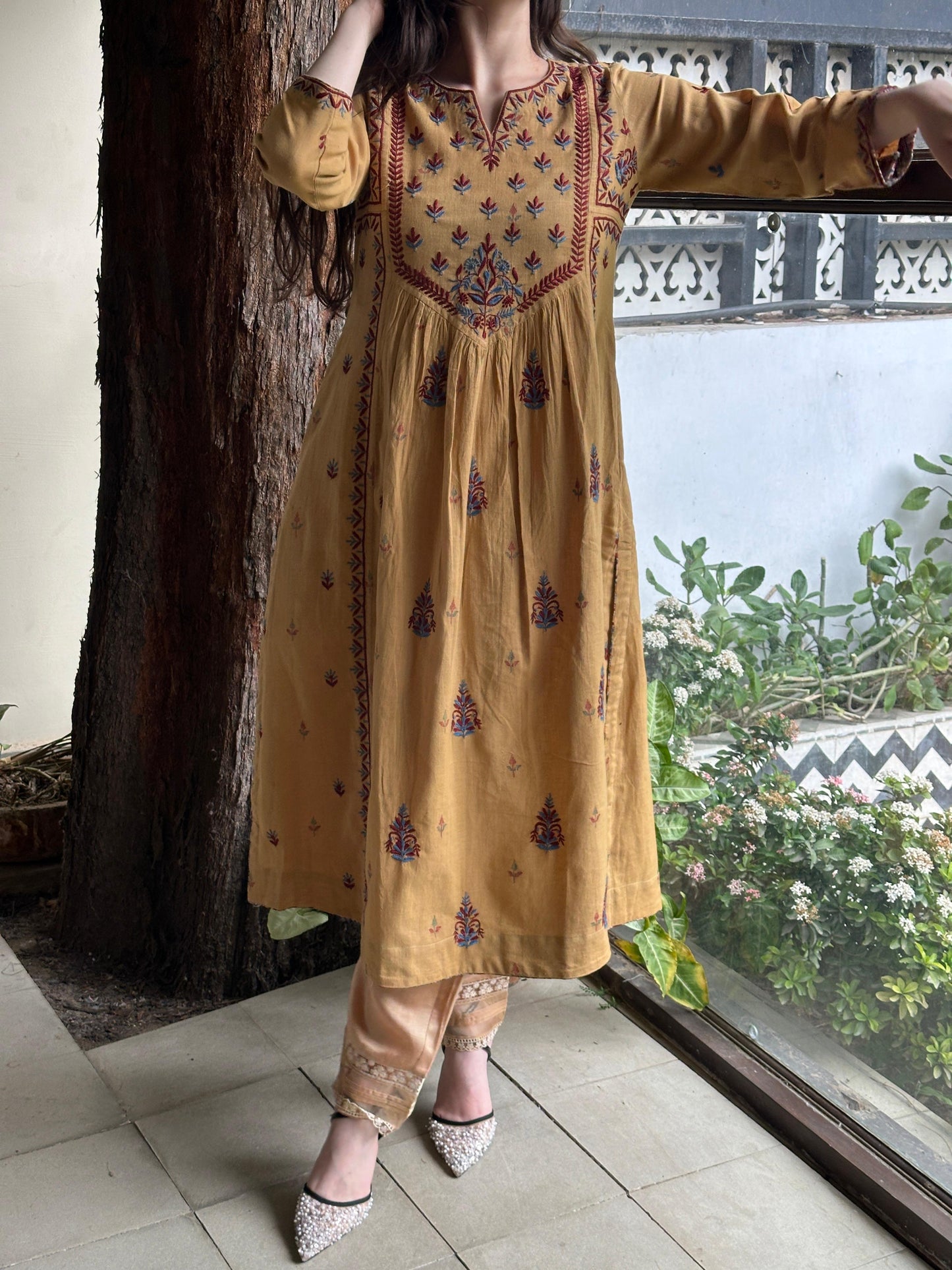 Mustard Yellow Handspun Malkha Chikankari Panel Tunic