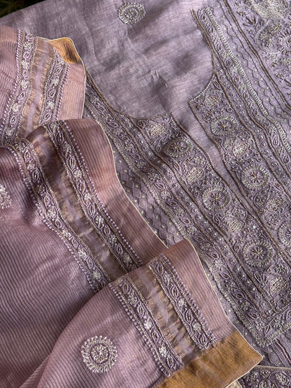 Purple Shade Linen Silk Chikankari With Ari Work Unstitched Kurta Dupatta Set