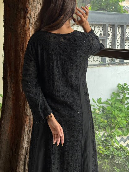 Black Malmal Pearl Work Chikankari A Line Kalidar Kurta With Dupatta