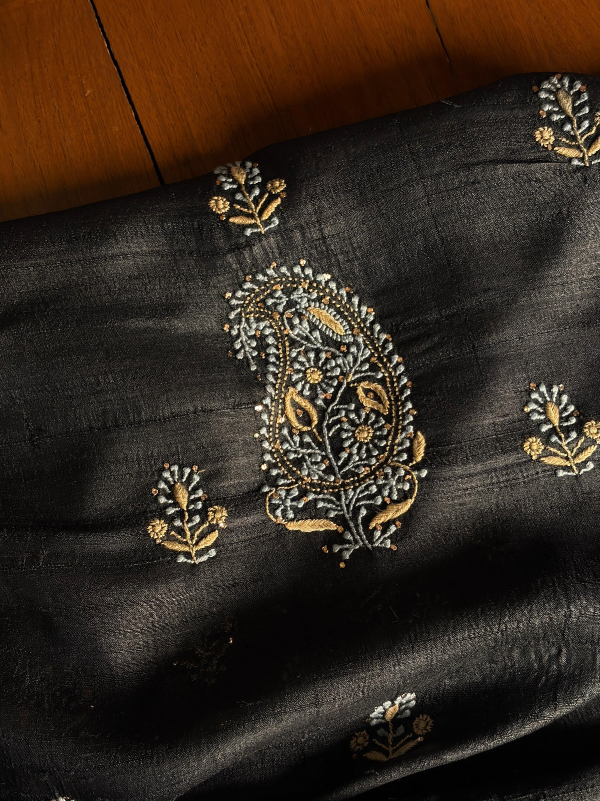 Black Shade Roheen Tussar Silk Chikankari Fabric