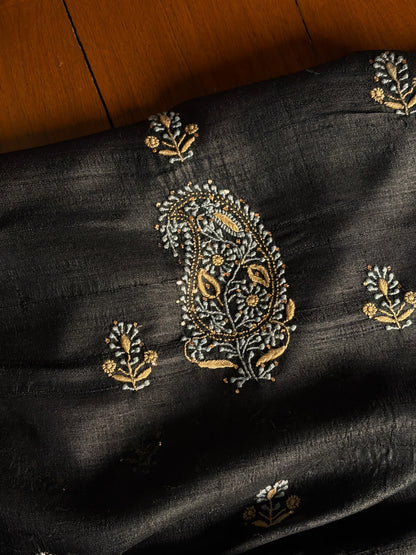 Black Shade Roheen Tussar Silk Chikankari Fabric