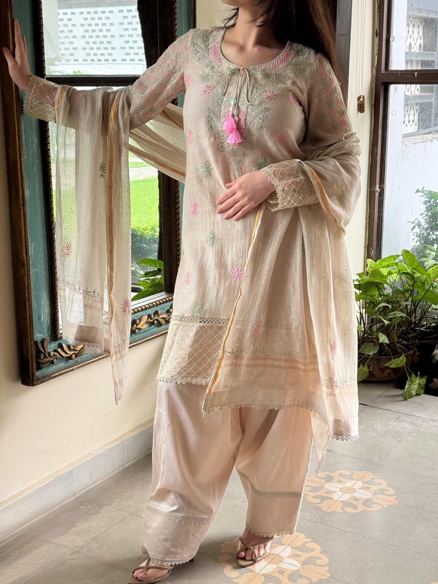 Nude Beige Shade Mul Chanderi Chikankari Farshi Sets