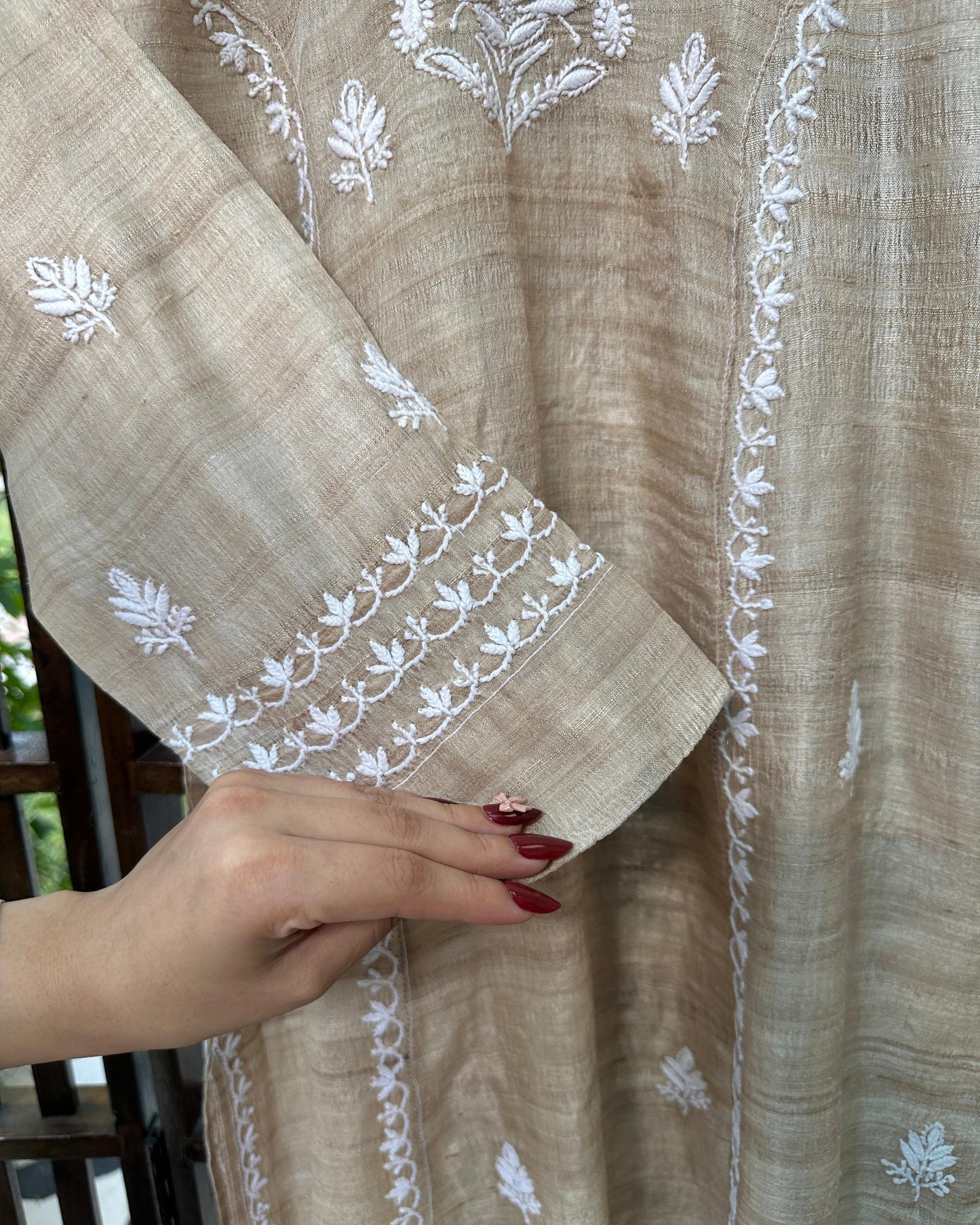 Natural Beige Tussar Silk Chikankari Ready to Wear Kurta