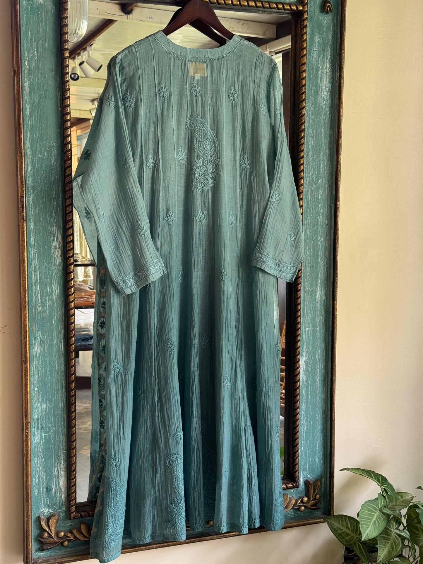 Sea Green Zari Chanderi Chikankari A Line Kurta with Slip