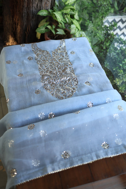 Powder Blue Shade Noor Organza Silk Badla Unstitched Kurta Dupatta Set