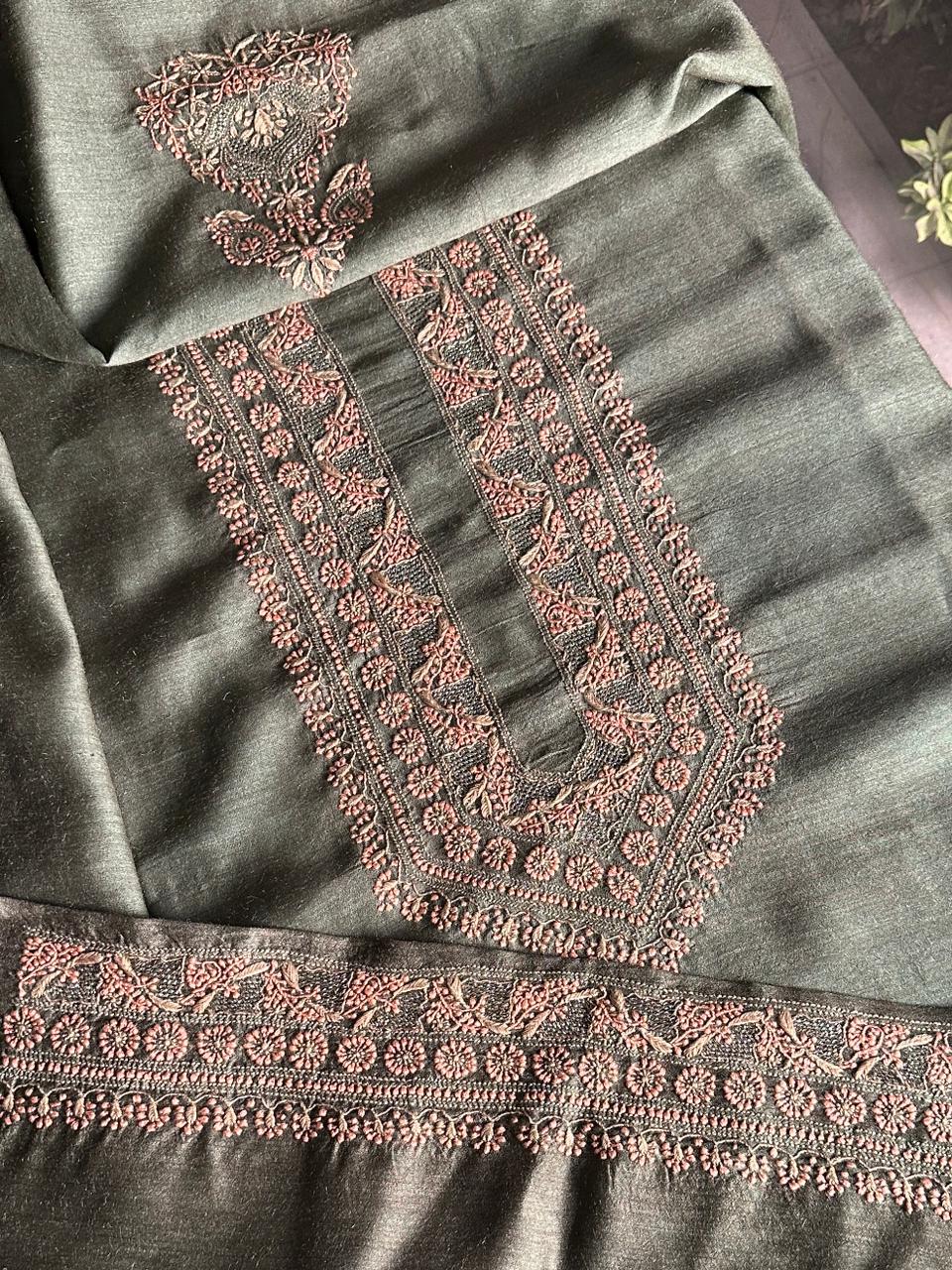 Olive Green Moonga Silk Chikankari Men’s Kurta Fabric