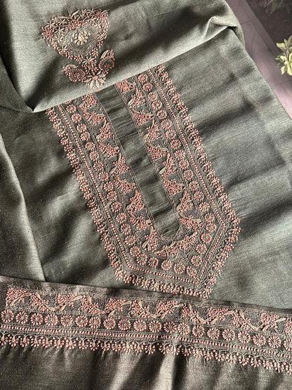 Olive Green Moonga Silk Chikankari Men’s Kurta Fabric