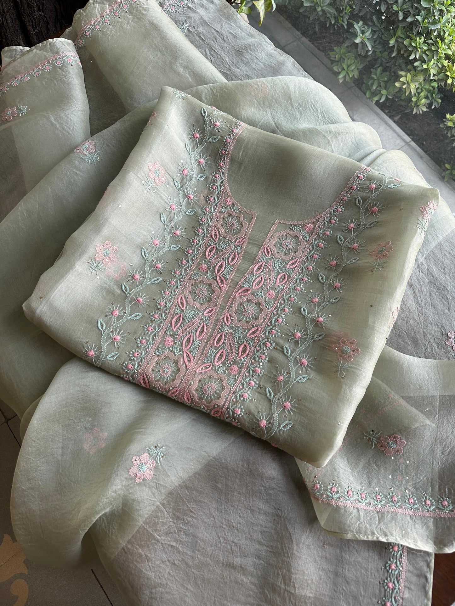 Olive Green Noor Organza Silk Chikankari With Kamdani Fabric
