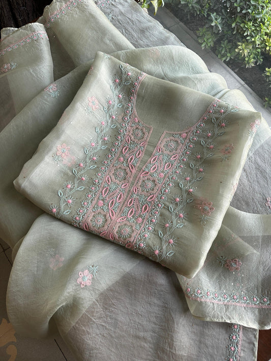 Olive Green Noor Organza Silk Chikankari With Kamdani Fabric