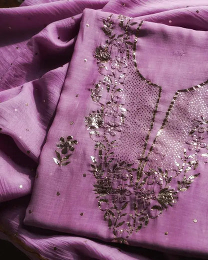 Mauve Shade Chanderi Silk Mukaish Badla Unstitched Fabrics