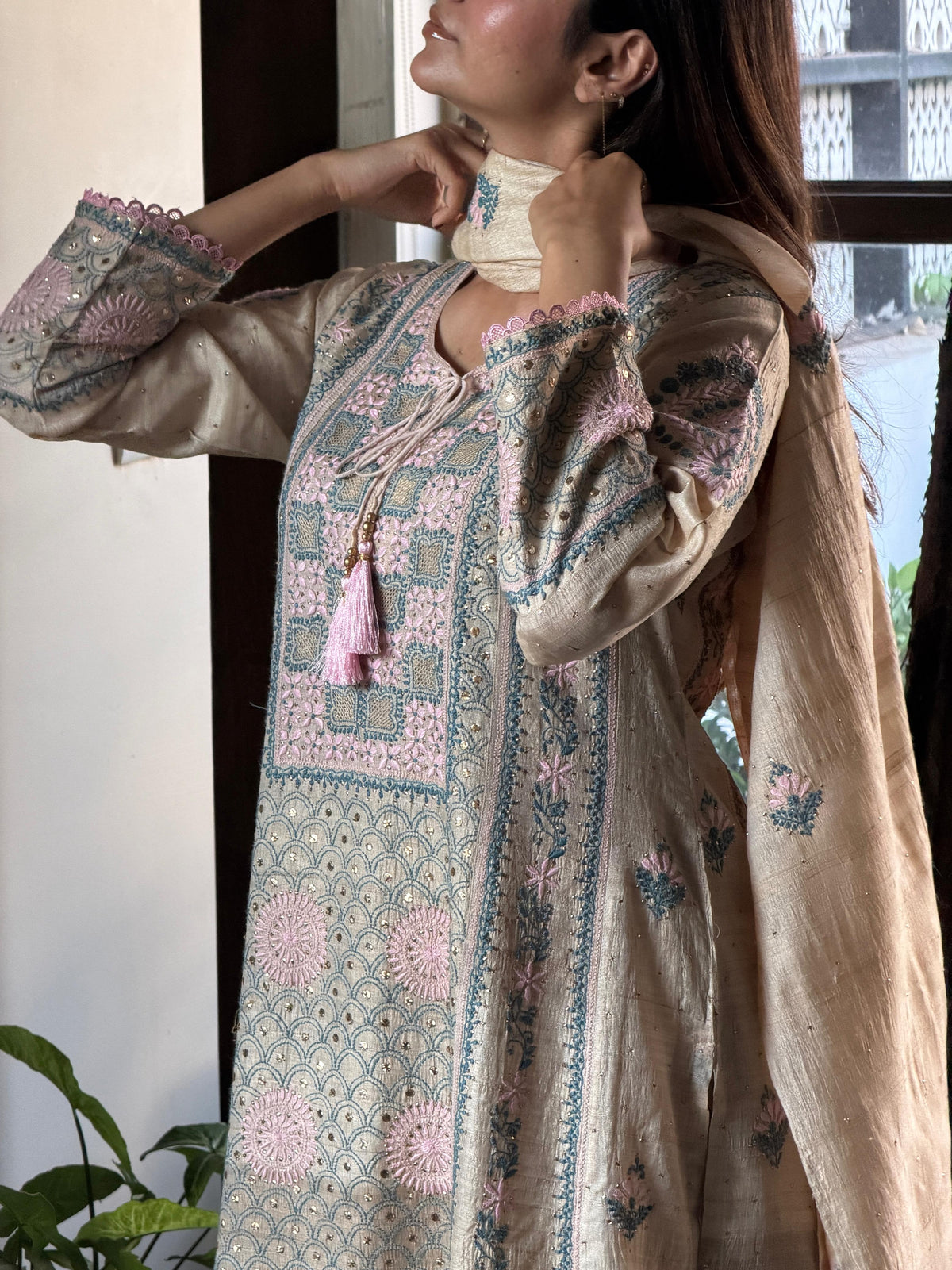 Basak Pink & Blue Natural Tussar Silk Kalidar Chikankari Kurta Set
