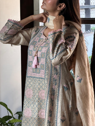 Basak Pink & Blue Natural Tussar Silk Kalidar Chikankari Kurta Set