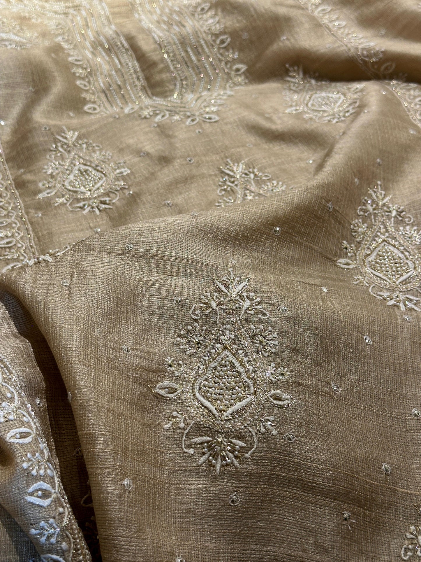 Beige Rasm Tussar Kota Chikankari Unstitched Chikankari Fabric