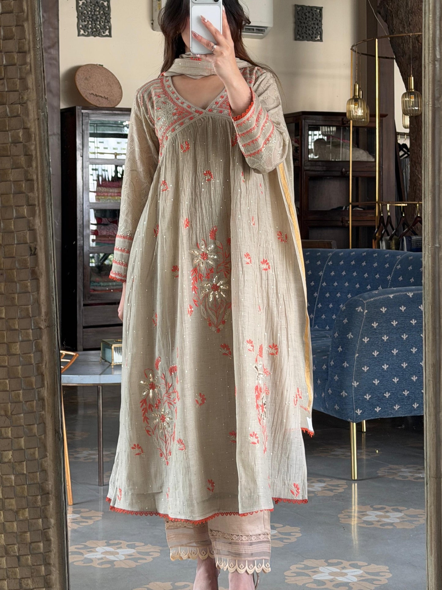 Angi Style Mal Mukaish Kamdani Tux Chikankari Kurta Dupatta Set