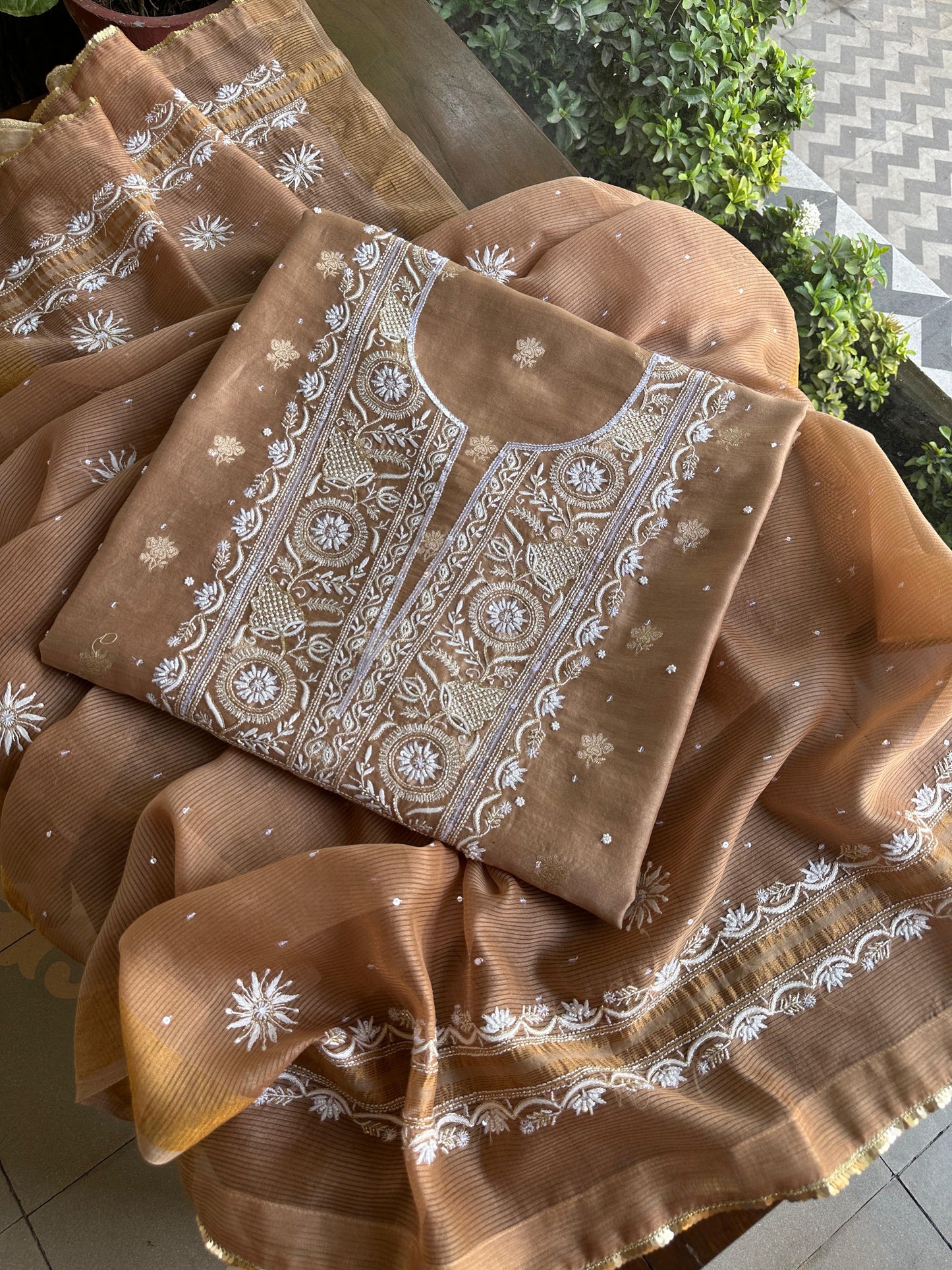 Tobacco Brown Shade Banarasi Zari Chanderi Unstitched Chikankari Fabric