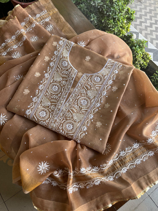 Tobacco Brown Shade Banarasi Zari Chanderi Unstitched Chikankari Fabric