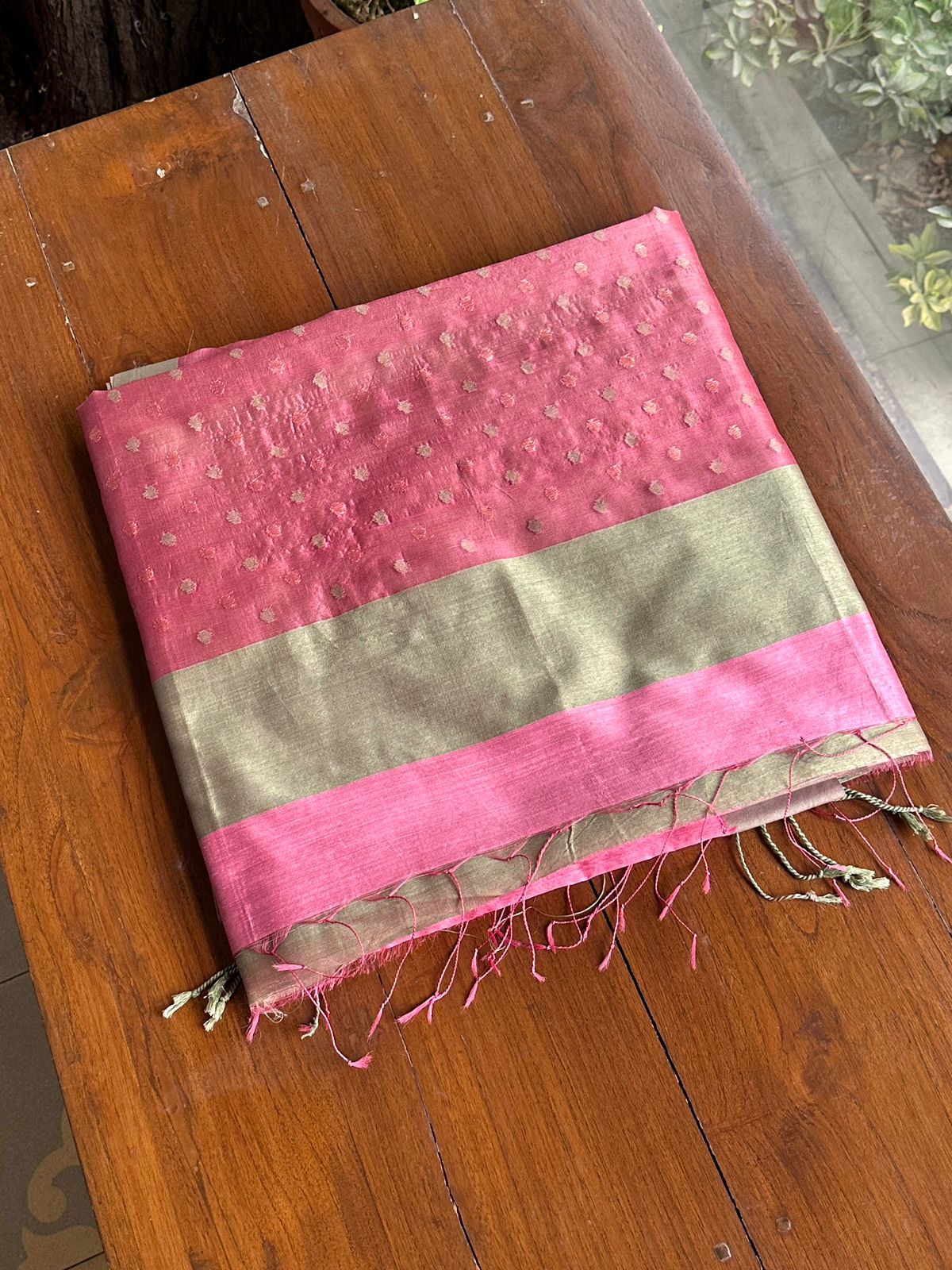 Hot Pink Woven Butta Saree with Contrast Grey Border