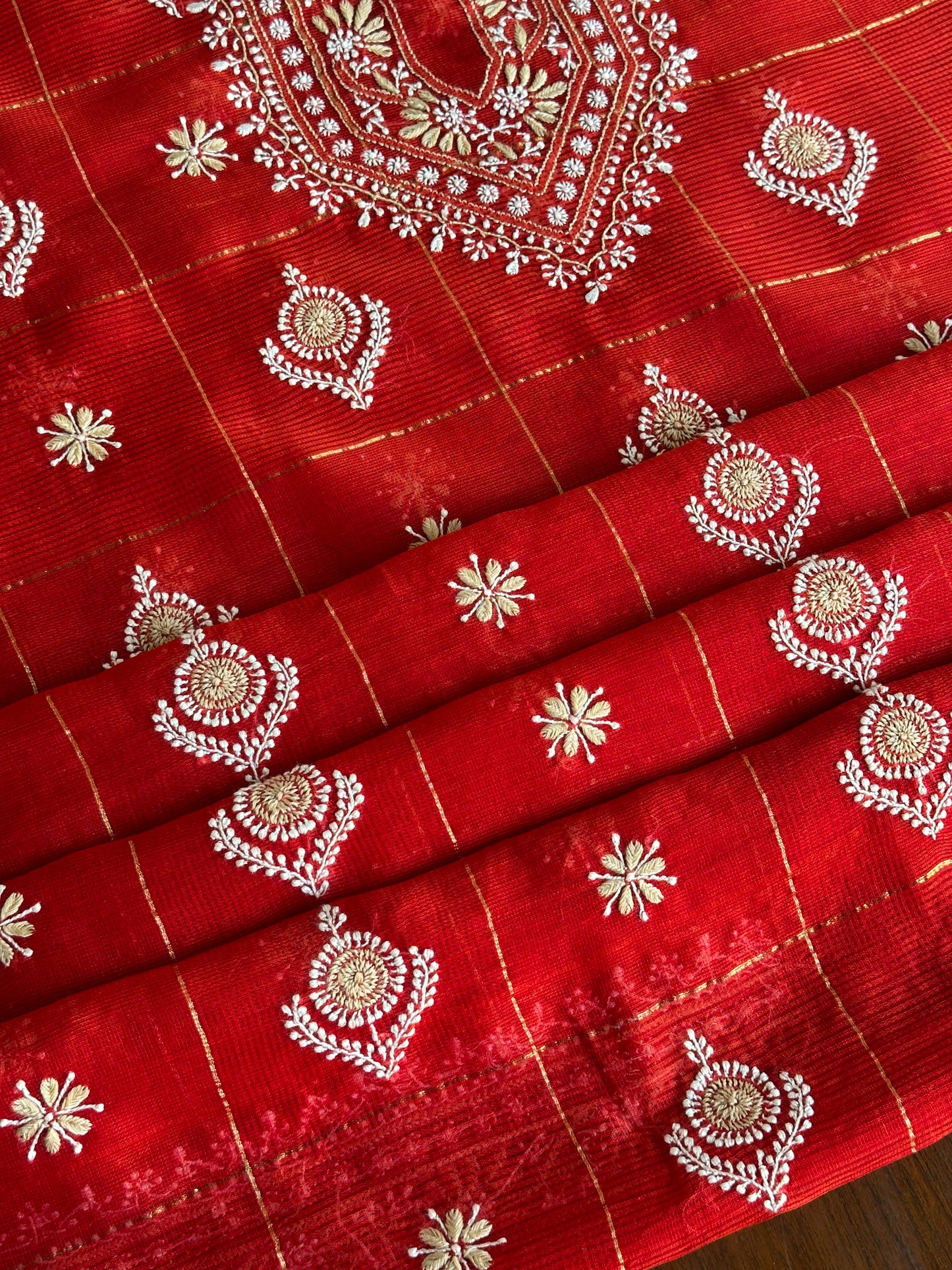 Red Shade Tissue Zari Kota Chikankari Unstitched Fabric