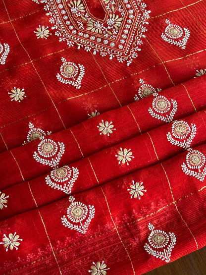 Red Shade Tissue Zari Kota Chikankari Unstitched Fabric
