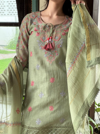 Green Shade Mul Chanderi Chikankari Farshi Sets