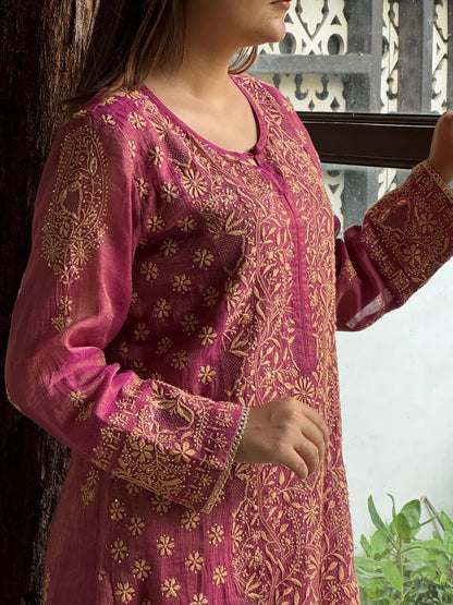 Cranberry Pink Shade Tissue Silk Chikankari Straight Cut Kurta Dupatta Set