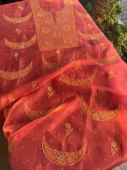 Peach Shade Noor Organza Silk Chikankari Unstitched Fabric