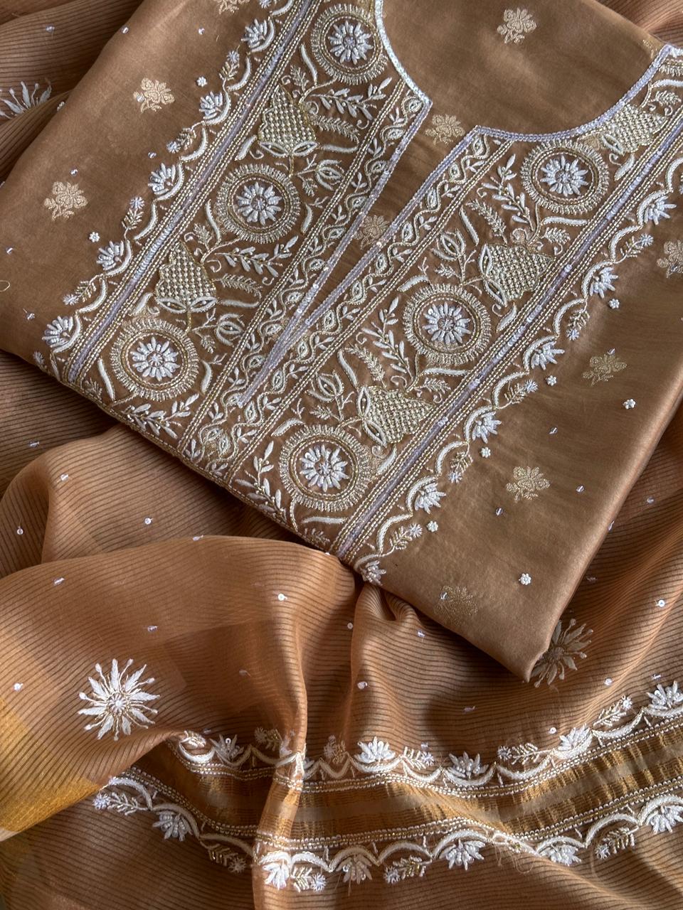 Tobacco Brown Shade Banarasi Zari Chanderi Unstitched Chikankari Fabric