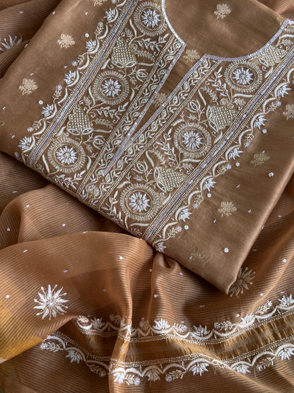 Tobacco Brown Shade Banarasi Zari Chanderi Unstitched Chikankari Fabric