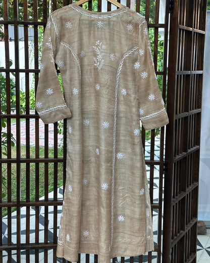 Natural Beige Tussar Silk Chikankari Ready to Wear Kurta