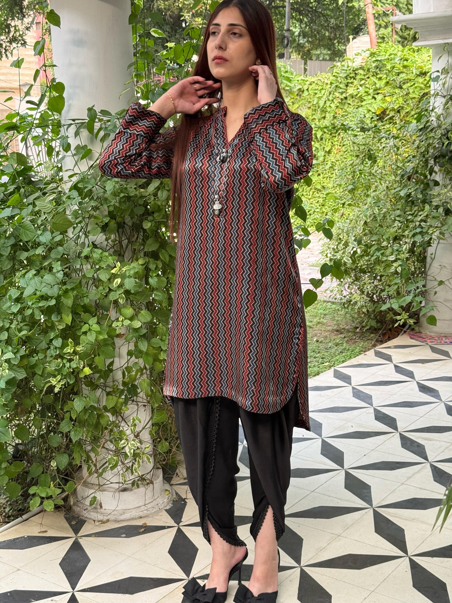 Ajrak Multi Shade Mashru Silk, Short Kurta