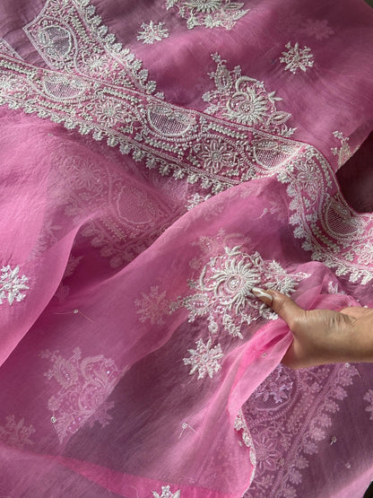 Pink Shade Noor Organza Silk Chikankari Unstitched Kurta Dupatta Set