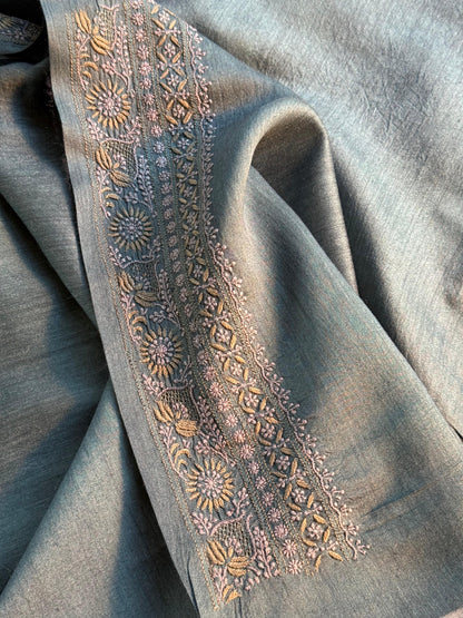 Mint Green Moonga Silk Chikankari Men’s Kurta Fabrics