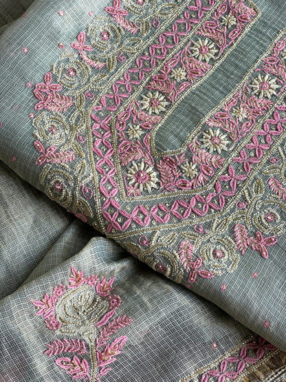Smokey Grey Shade Tissue Kota Chikankari Unstitched Fabric