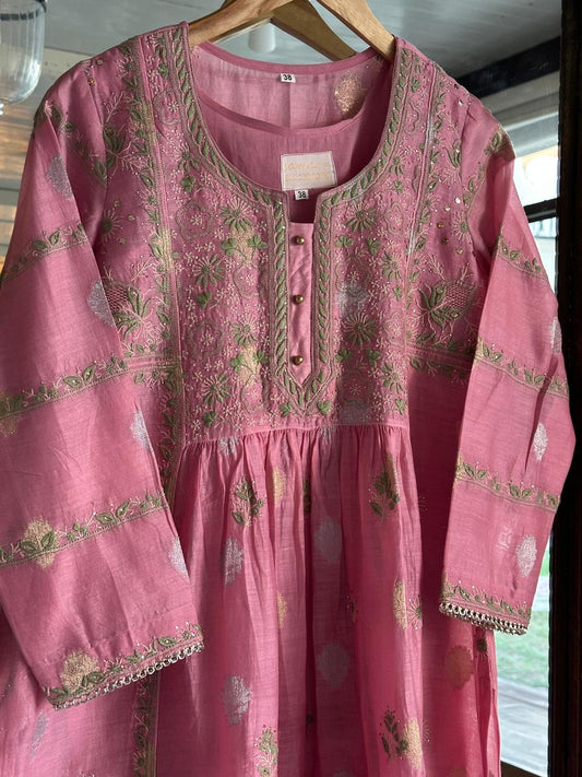 Mauve Pink Zari Chanderi Chikankari Ready to Wear Tunics