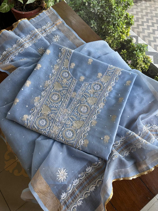 Powder Blue Shade Banarasi Zari Chanderi Unstitched Chikankari Fabric