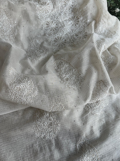 Off White Shade Tissue Zari Kota Chikankari Unstitched Fabric