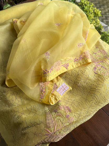 Pineapple Yellow | Noor Organza Silk Chikankari With Kamdani Fabric