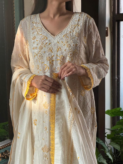 Off White & Yellow Malmal Pearl Work Chikankari Kalidar Kurta Set