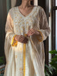 Off White & Yellow Malmal Pearl Work Chikankari Kalidar Kurta Set