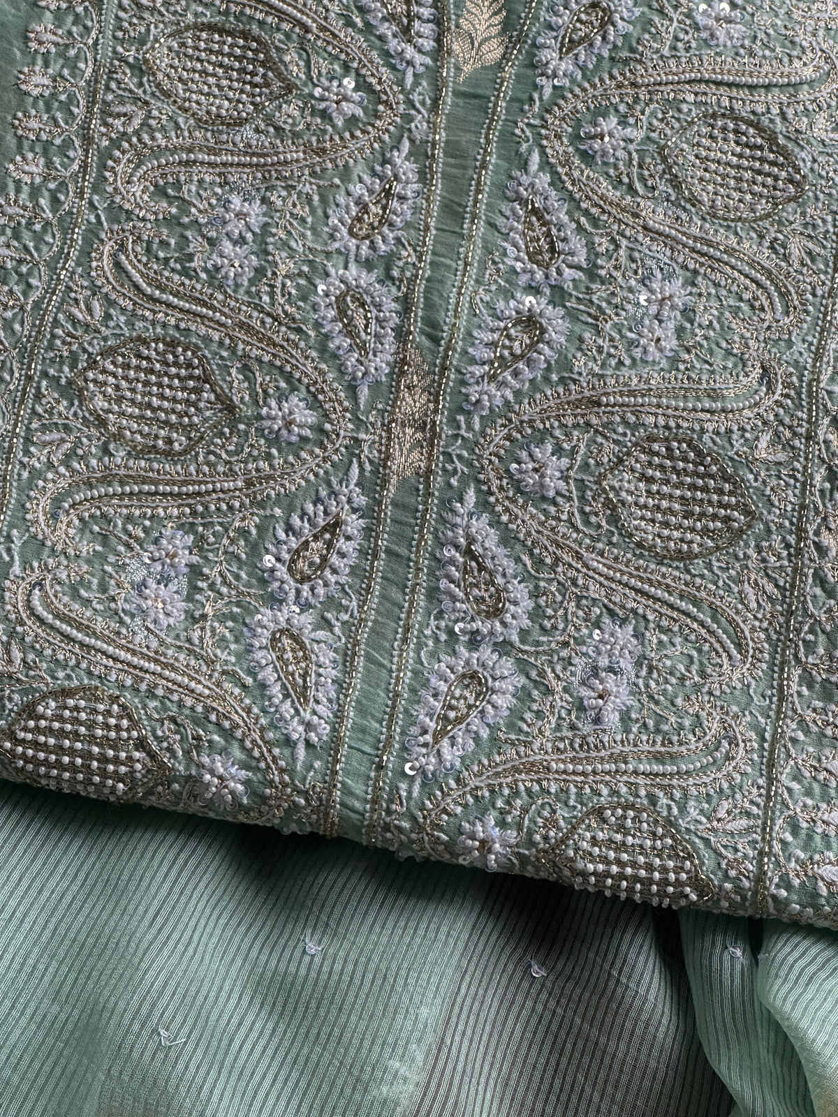 Mint Green Shade Banarasi Zari Chanderi Unstitched Chikankari Fabric