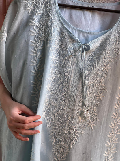 Powder Blue Malmal Sequinned Chikankari Kaftan