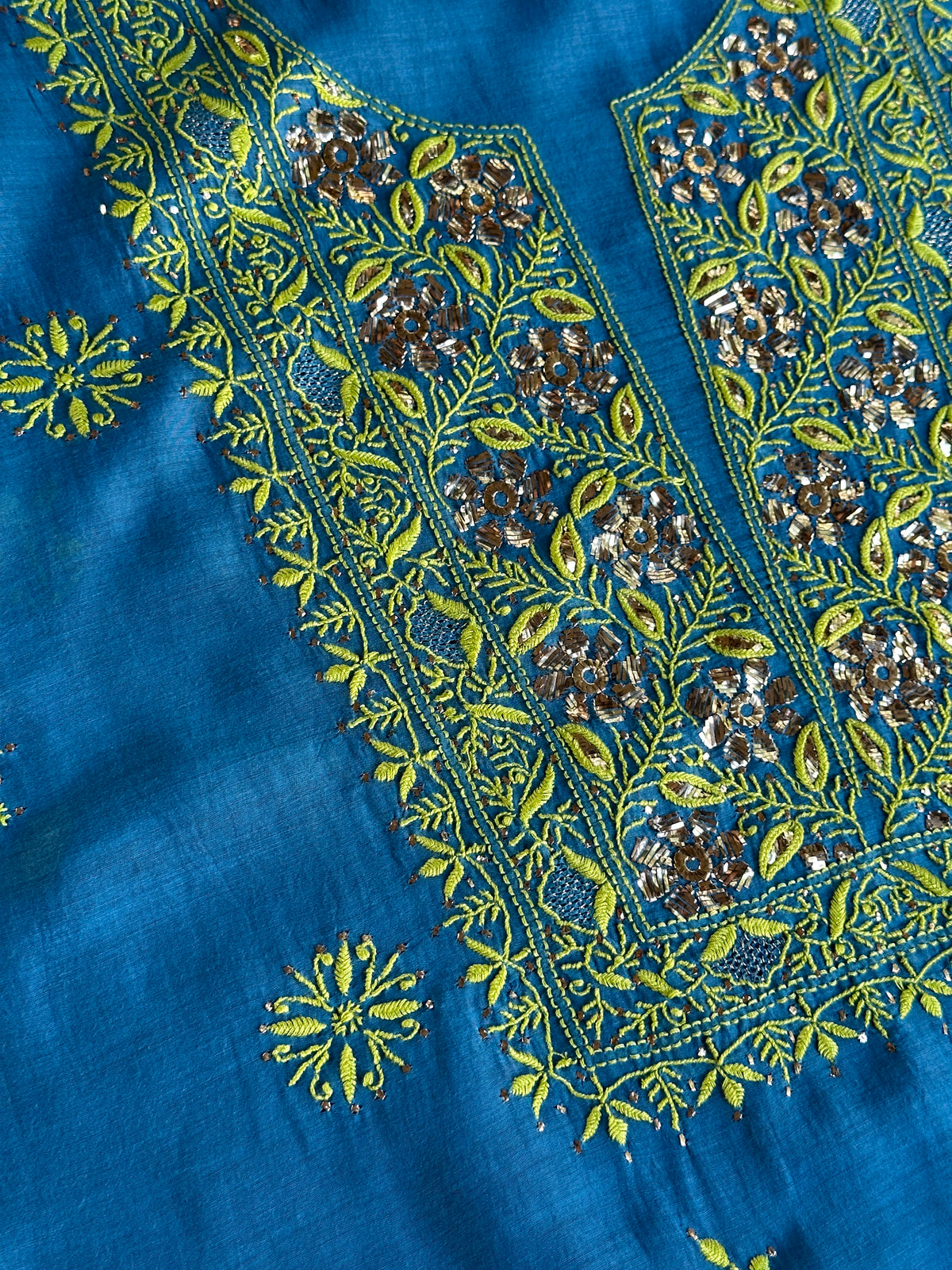 Blue & Green Shade Mal Cotton Chikankari Unstitched Kurta Dupatta Fabric With Mukaish Badla