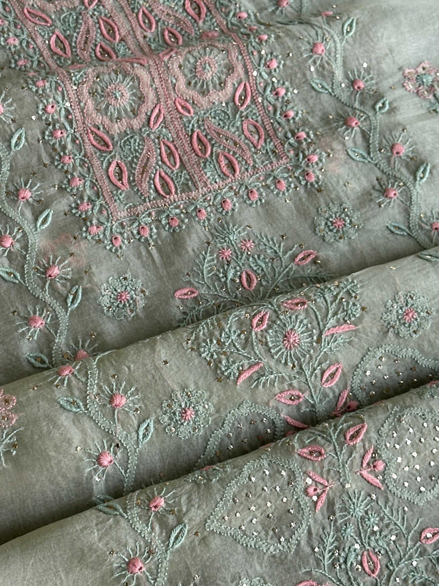 Olive Green Noor Organza Silk Chikankari With Kamdani Fabric