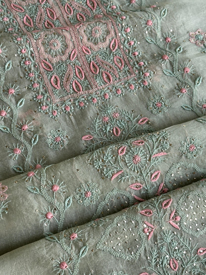 Olive Green Noor Organza Silk Chikankari With Kamdani Fabric