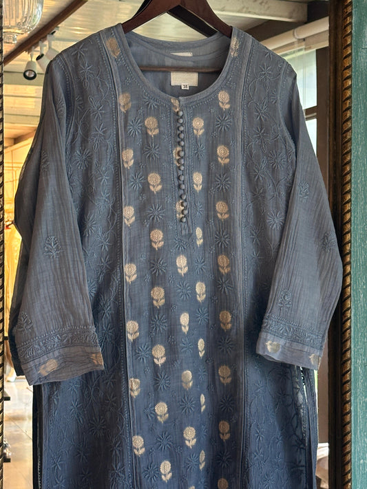 Blue Shade Zari Chanderi Chikankari Ready to Wear Tunic