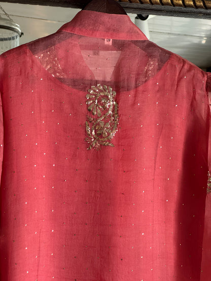 Carrot Pink Noor Organza Mukaish Badla Short Top With Bow Tie